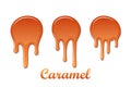 Caramel drop 3D set. Realistic caramel, melted sauce. Flow liquid isolated on white background. Orange splash toffee