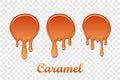 Caramel drop 3D set. Realistic caramel melted sauce. Flow liquid isolated white transparent background. Splash orange