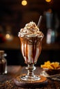 Caramel frappe coffee with whipped cream and caramel sauce in tall glass Royalty Free Stock Photo