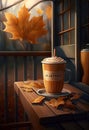 Caramel latte stands on a bench in autumn. AI Generated