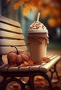 Caramel latte stands on a bench in autumn. AI Generated