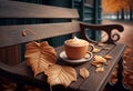 Caramel latte stands on a bench in autumn. AI Generated