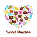 Caramel lollipop candies and chocolate sweets flat icons in heart shape Royalty Free Stock Photo