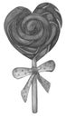 Caramel lollipop in the shape of a heart on a stick with a bow, striped candy. Black-white watercolor food illustration. Design Royalty Free Stock Photo