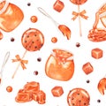 Caramel. Making lollipops. Seamless pattern. Watercolor illustration. Isolated on a white background Royalty Free Stock Photo