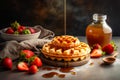 Caramel pouring on freshmade waffles with strawberries. Breakfast with Belgian waffles. Horizontal