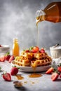 Caramel pouring on freshmade waffles with strawberries. Breakfast with Belgian waffles. Space for text