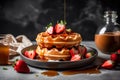 Caramel pouring on freshmade waffles with strawberries. Delicious food. Belgian waffles. Horizontal