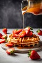 Caramel pouring from jar on freshmade traditional Belgian waffles with strawberries. Delicious food