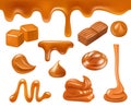 Caramel realistic. Candy sweets liquid food sauces caramel drops and splashes vector collection