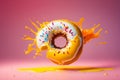 Caramel splatter doughnut, Donut with a mouth bite isolated on pink background