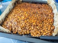 Caramel toffee chocolate cake topping with cashew nut in homemade Royalty Free Stock Photo