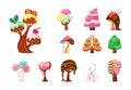 caramel trees. fairytale colored sweet bushes trees fantasy plants. Vector pictures in cartoon style for game design