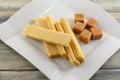 Caramel wafer cookies with caramel candy squares