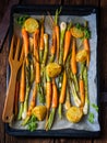 Caramelised carrots, spring onions and baked potatoes Royalty Free Stock Photo