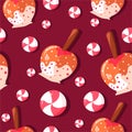 Caramelized apples on a stick with fudge, frosting and sprinkles seamless pattern. Lollipops and caramel cane illustration