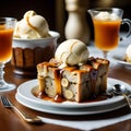 caramelized banana bread pudding served with a decadent bourbon-infused sauce and a scoop of vanilla bean ice cream. Royalty Free Stock Photo