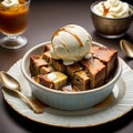 caramelized banana bread pudding served with a decadent bourbon-infused sauce and a scoop of vanilla bean ice cream. Royalty Free Stock Photo