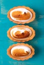Caramelized Italian meringue in shortbread tartlets on turquoise colored board. Royalty Free Stock Photo