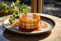 Caramelized pudding on ceramic dish, spoon beside. Welcoming kitchen, soft light through the window., generative IA