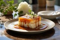 Caramelized pudding on ceramic dish, spoon beside. Welcoming kitchen, soft light through the window., generative IA