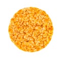 Caramelized rice-corn crispbread, isolated on white background. Sweet puffed whole grain crispbread. Top view