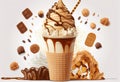 Caramen-chocolate ice cream in a waffle cup. AI Generated Royalty Free Stock Photo
