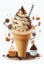 Caramen-chocolate ice cream in a waffle cup. AI Generated Royalty Free Stock Photo