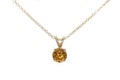 Gold Zircon pendant, silver chain. White background.