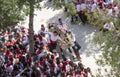 Caravaca de la Cruz, Spain, May 2, 2019: Accident at the horse racing at Caballos Del Vino, emergencies evacuating a male on a