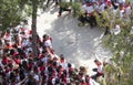 Caravaca de la Cruz, Spain, May 2, 2019: Accident at the horse racing at Caballos Del Vino, emergencies evacuating a male on a