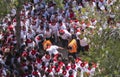 Caravaca de la Cruz, Spain, May 2, 2019: Accident at the horse racing at Caballos Del Vino, emergencies evacuating a male on a