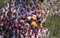 Caravaca de la Cruz, Spain, May 2, 2019: Accident at the horse racing at Caballos Del Vino, emergencies evacuating a male on a