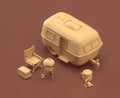 Caravan and barbecue. Isometric camping objects and scenes, monochrome yellow camping equipment on brown background, 3D Rendering