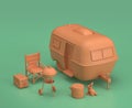 Caravan and barbecue. Isometric camping objects and scenes, monochrome yellow camping equipment on green background, 3D Rendering