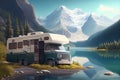 Caravan in the in the beautiful forest. Camper van motor home design concept. Car traveling illustration. Freedom