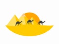 Caravan camels against over pyramids. Egyptian pyramids in the desert. Vector