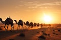 caravan of camels crossing vast desert, with the sun setting in the background