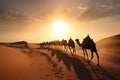 caravan of camels crossing vast desert, with the sun setting in the background