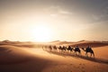 caravan of camels crossing vast desert, with the sun setting in the background