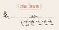 Caravan camels oasis desert drawn vector sketch