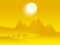 Caravan of camels with people in the hot desert on the background of the pyramids of Giza. Vector Royalty Free Stock Photo