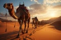 Caravan of camels traverses Saharas sandy dunes in a wide angle