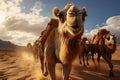 Caravan of camels traverses Saharas sandy dunes in a wide angle