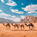 A caravan of camels wandering across the Wadi Rum desert, Jordan