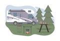 Caravan or camper in the forest. Local summer vacation.