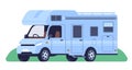 Caravan camper. Motor home on wheels. Automobile camping van. Transport for summer vacation. Tourist transportation by