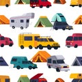 Caravan camper pattern, cartoon van and bus isolated on white background. Family trailer car for summer travel, retro