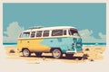 Caravan camper van surfing vacation flat cartoon composition with retro style minibus on sand beach vector illustration Royalty Free Stock Photo