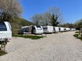 Caravan campsite with travel trailers in a row. Riva, Istanbul, Turkey - April 04, 2022
